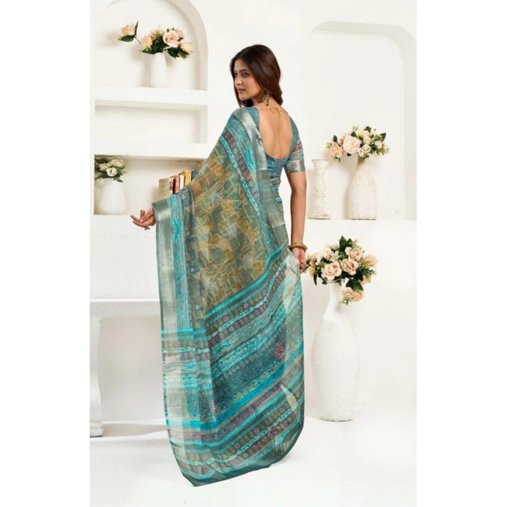 Seduva Women's Faux Linen Printed Ready to wear Saree With Unstitched Blouse 5.5Mtr (Multicolor)