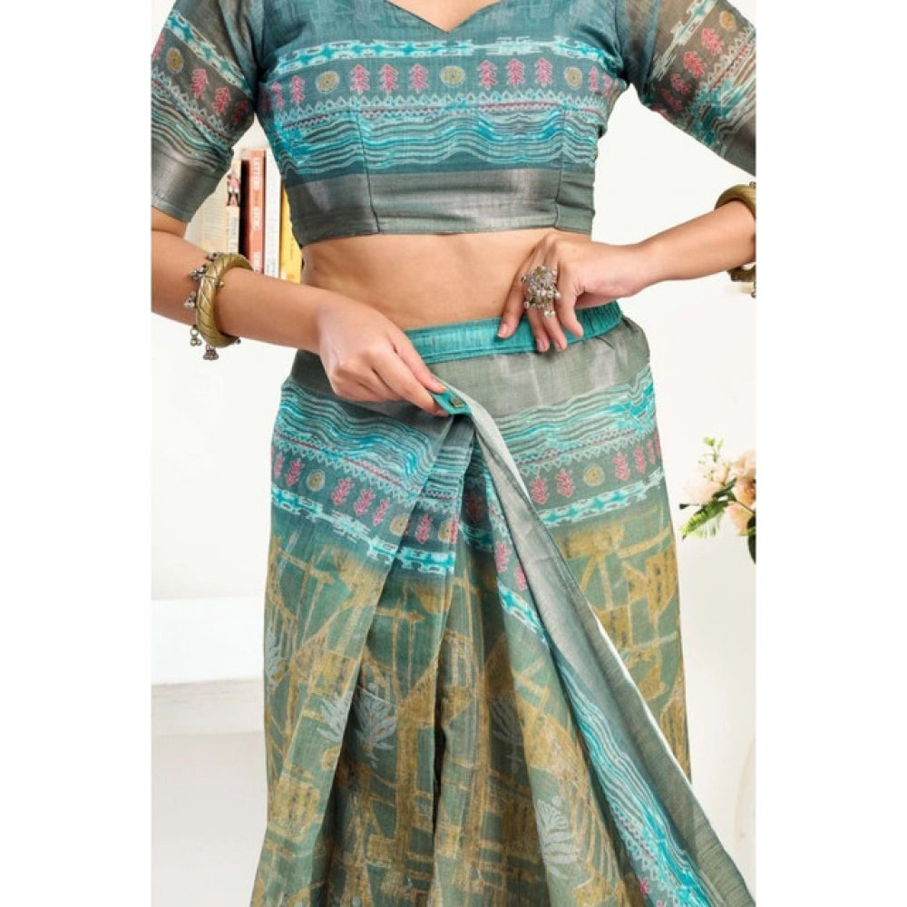 Seduva Women's Faux Linen Printed Ready to wear Saree With Unstitched Blouse 5.5Mtr (Multicolor)