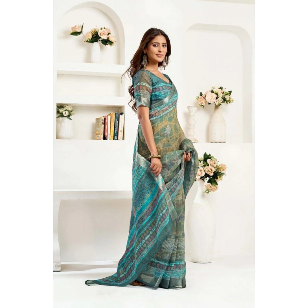 Seduva Women's Faux Linen Printed Ready to wear Saree With Unstitched Blouse 5.5Mtr (Multicolor)