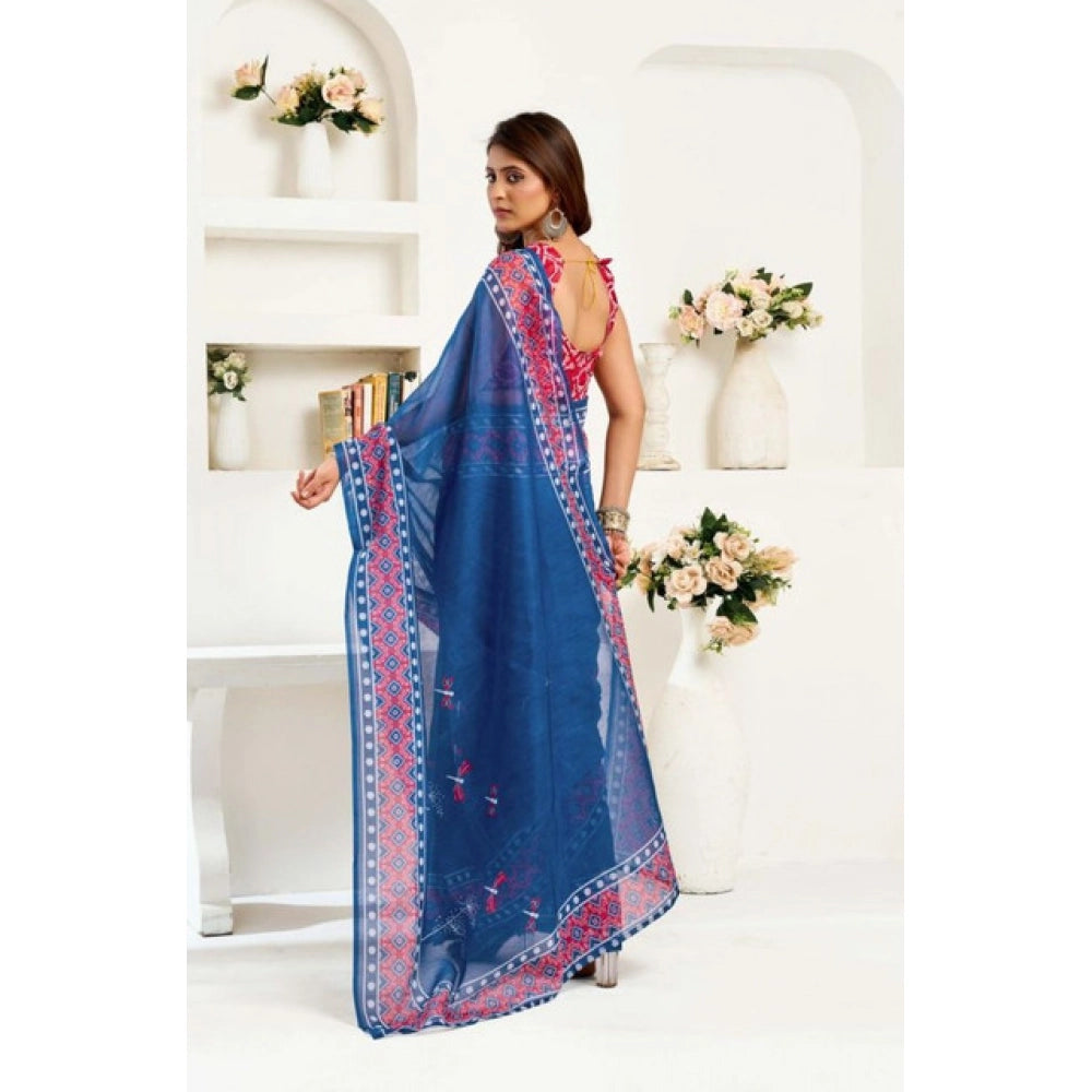 Seduva Women's Faux Linen Floral Print Ready to wear Saree With Unstitched Blouse 5.5Mtr (Blue)