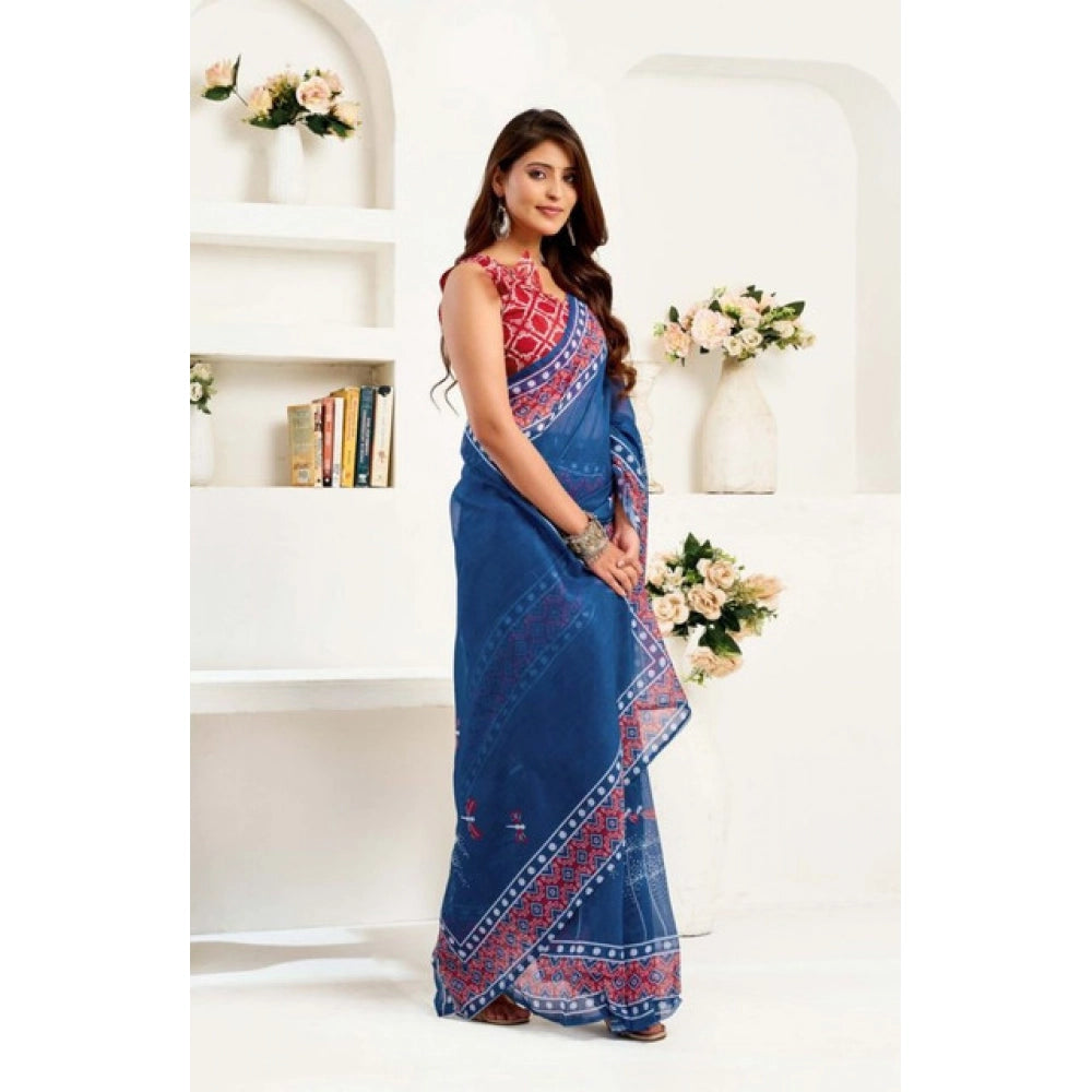 Seduva Women's Faux Linen Floral Print Ready to wear Saree With Unstitched Blouse 5.5Mtr (Blue)
