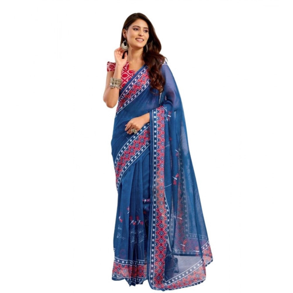 Seduva Women's Faux Linen Floral Print Ready to wear Saree With Unstitched Blouse 5.5Mtr (Blue)