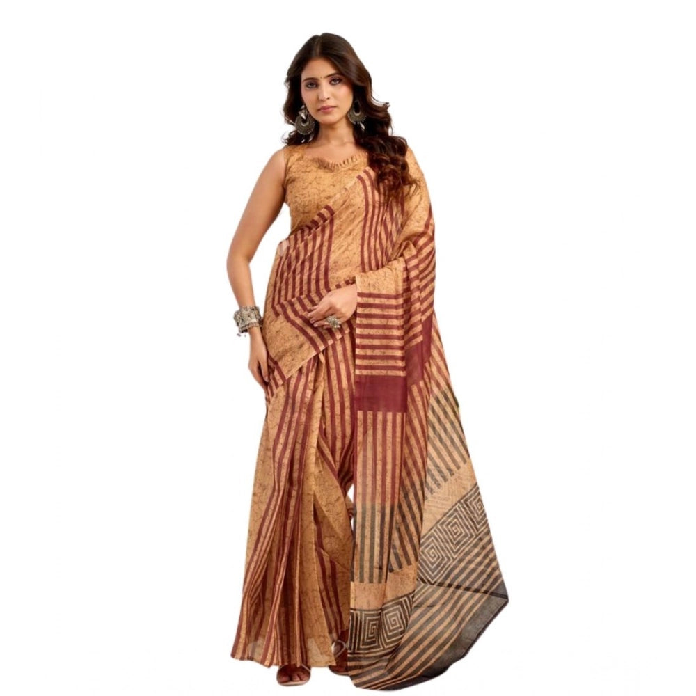 Seduva Women's Faux Linen Geometric Print Ready to wear Saree With Unstitched Blouse 5.5Mtr (Brown)