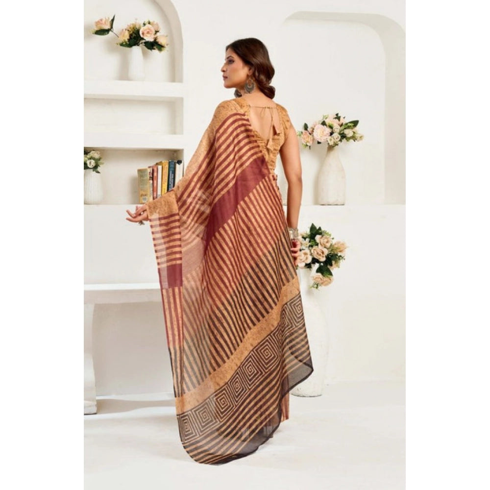 Seduva Women's Faux Linen Geometric Print Ready to wear Saree With Unstitched Blouse 5.5Mtr (Brown)