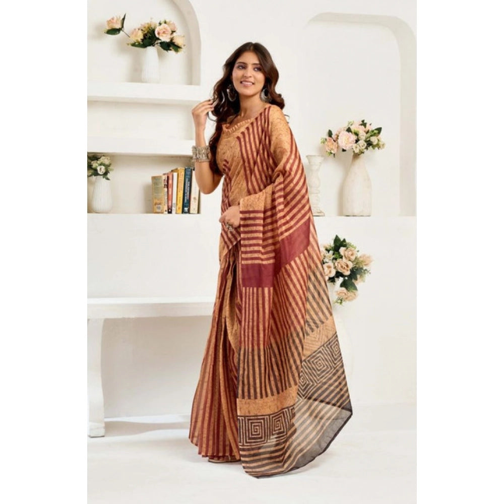 Seduva Women's Faux Linen Geometric Print Ready to wear Saree With Unstitched Blouse 5.5Mtr (Brown)