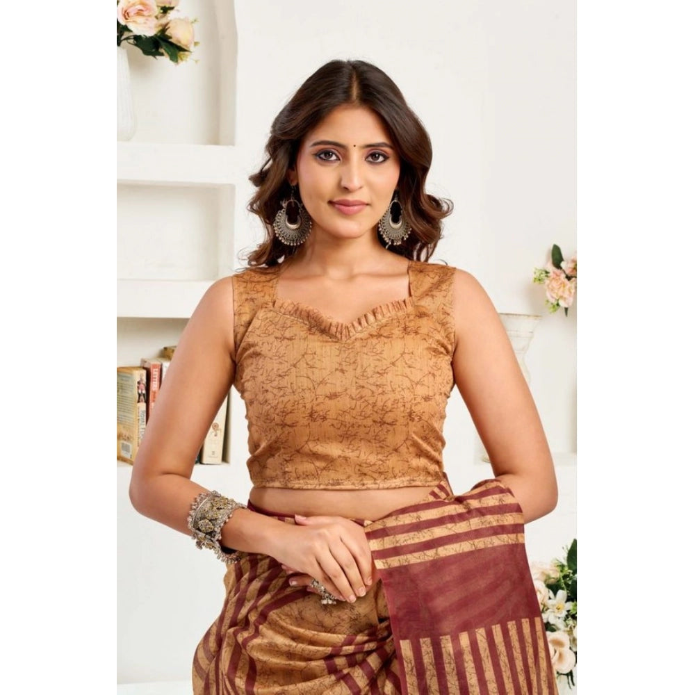 Seduva Women's Faux Linen Geometric Print Ready to wear Saree With Unstitched Blouse 5.5Mtr (Brown)