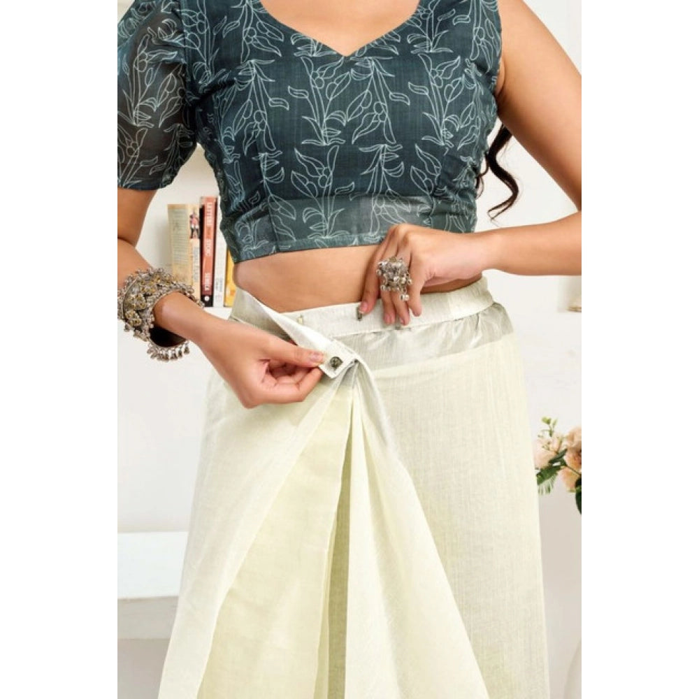 Seduva Women's Faux Linen Floral Print Ready to wear Saree With Unstitched Blouse 5.5Mtr (Off_White)