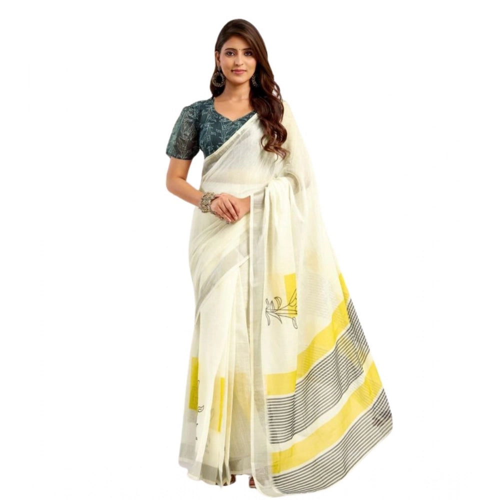 Seduva Women's Faux Linen Floral Print Ready to wear Saree With Unstitched Blouse 5.5Mtr (Off_White)