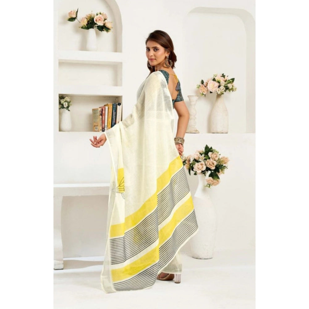Seduva Women's Faux Linen Floral Print Ready to wear Saree With Unstitched Blouse 5.5Mtr (Off_White)