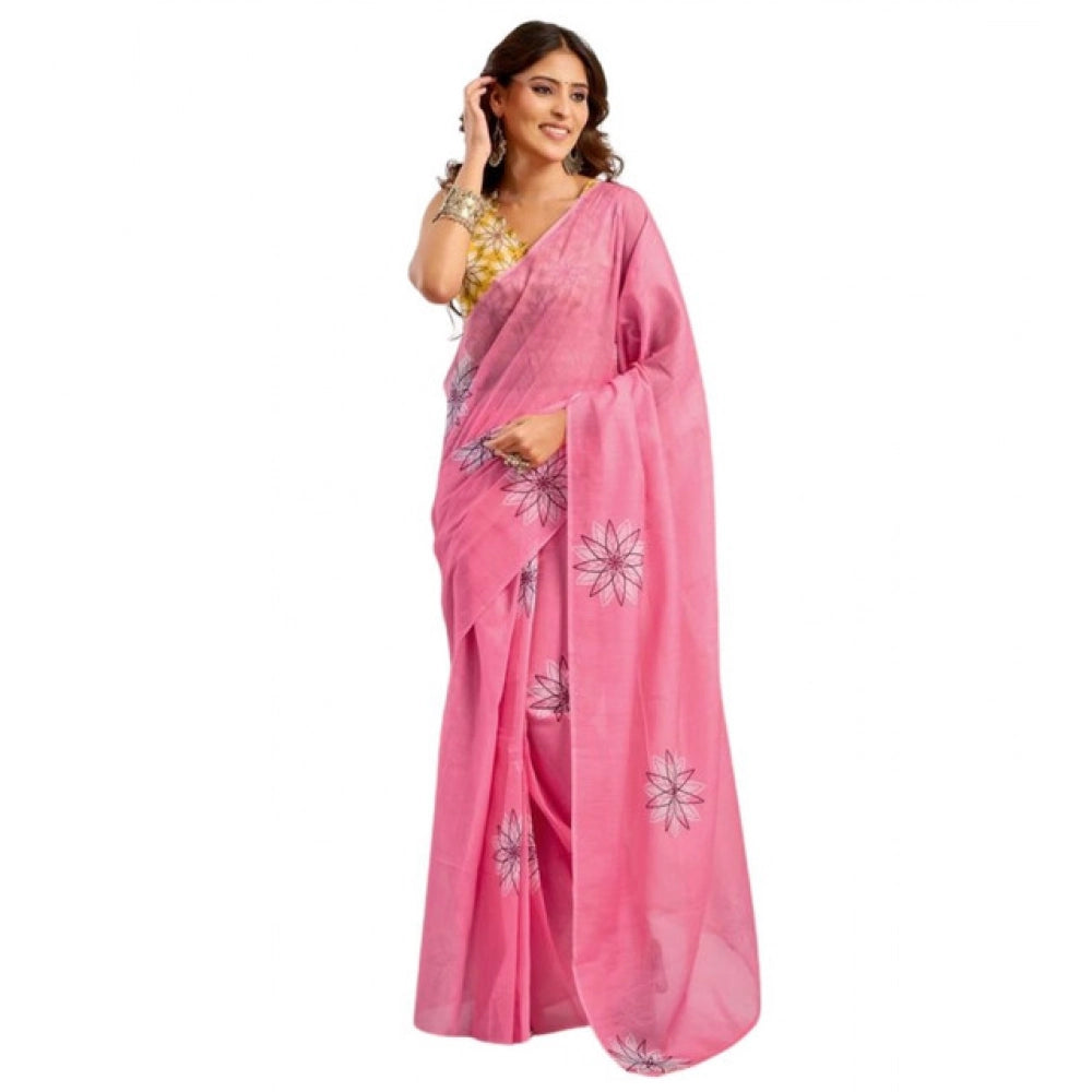 Seduva Women's Faux Linen Floral Print Ready to wear Saree With Unstitched Blouse 5.5Mtr (Pink)