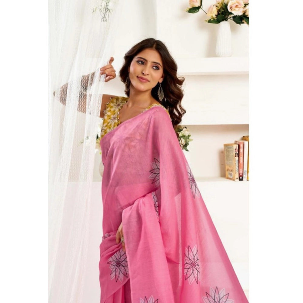 Seduva Women's Faux Linen Floral Print Ready to wear Saree With Unstitched Blouse 5.5Mtr (Pink)