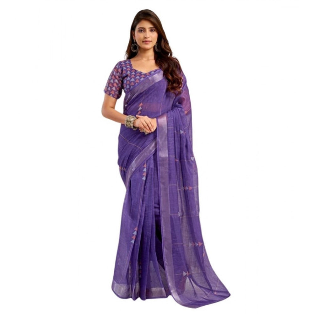 Seduva Women's Faux Linen Geometric Print Ready to wear Saree With Unstitched Blouse 5.5Mtr (Purple)