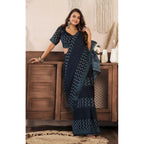 Seduva Women's Faux Linen Geometric Print Ready to wear Saree With Unstitched Blouse 5.5Mtr (Black)