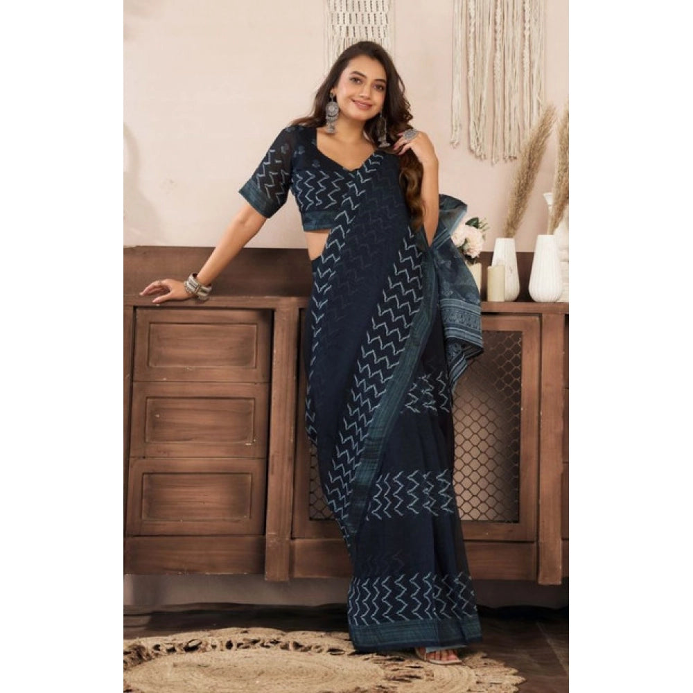 Seduva Women's Faux Linen Geometric Print Ready to wear Saree With Unstitched Blouse 5.5Mtr (Black)