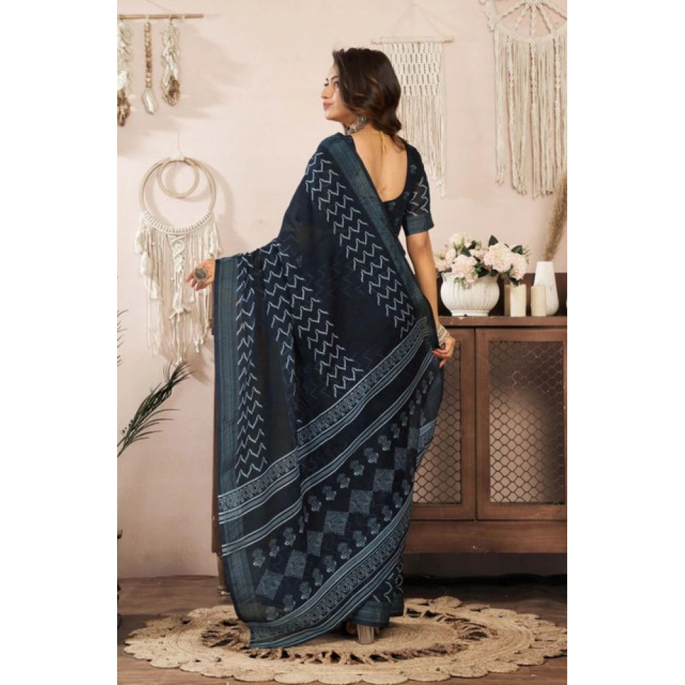 Seduva Women's Faux Linen Geometric Print Ready to wear Saree With Unstitched Blouse 5.5Mtr (Black)