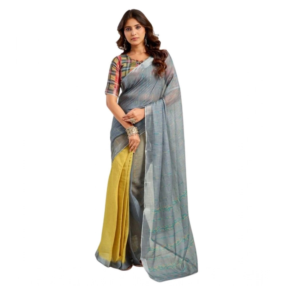 Seduva Women's Faux Linen Geometric Ready to wear Saree With Unstitched Blouse 5.5Mtr (Grey)