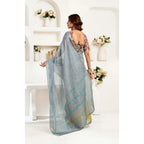 Seduva Women's Faux Linen Geometric Ready to wear Saree With Unstitched Blouse 5.5Mtr (Grey)