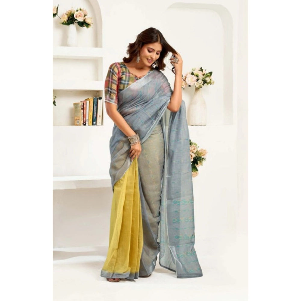 Seduva Women's Faux Linen Geometric Ready to wear Saree With Unstitched Blouse 5.5Mtr (Grey)