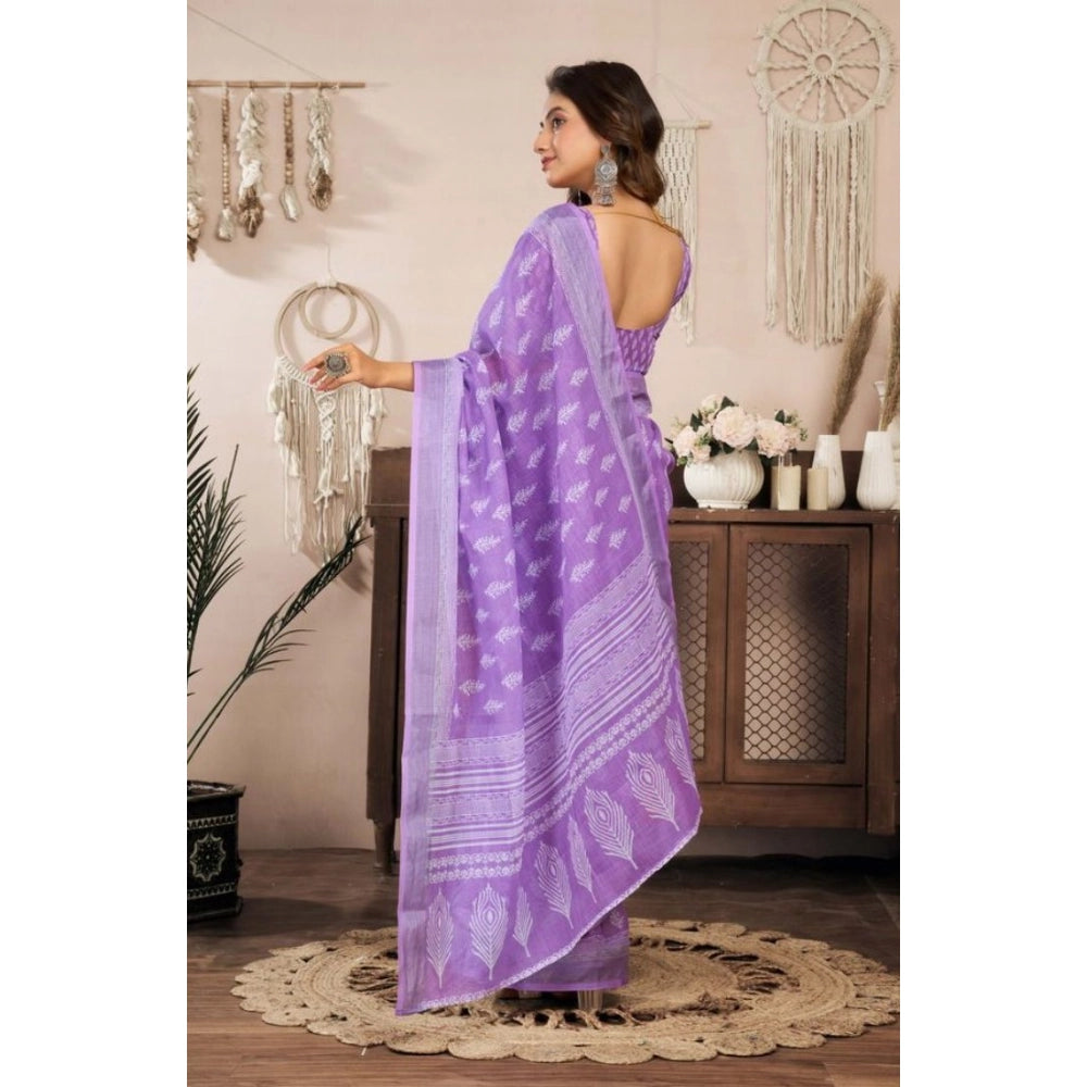 Seduva Women's Faux Linen Floral Ready to wear Saree With Unstitched Blouse 5.5Mtr (Lavender)