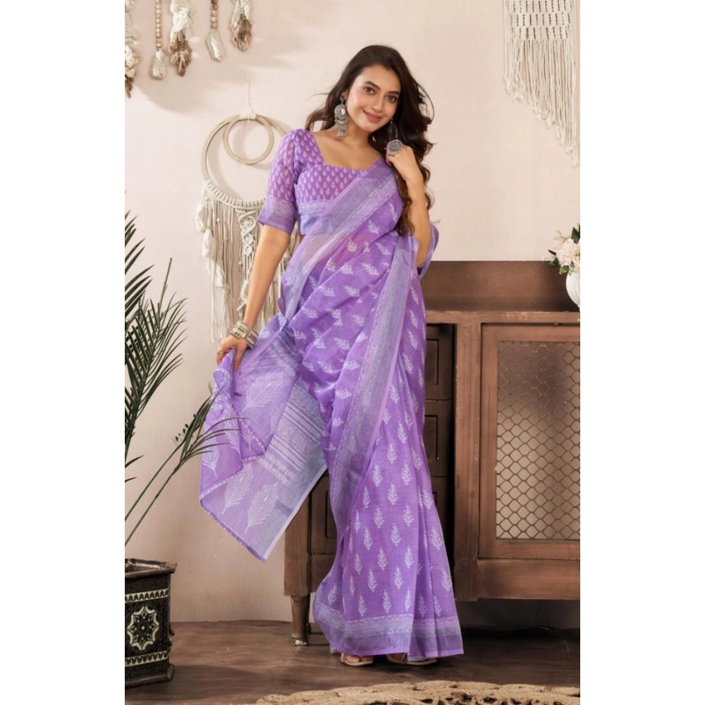 Seduva Women's Faux Linen Floral Ready to wear Saree With Unstitched Blouse 5.5Mtr (Lavender)
