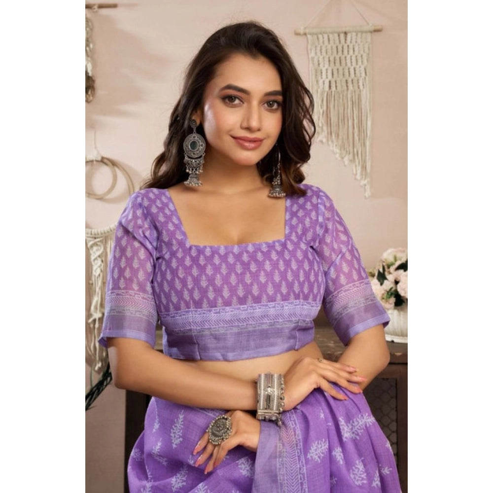 Seduva Women's Faux Linen Floral Ready to wear Saree With Unstitched Blouse 5.5Mtr (Lavender)