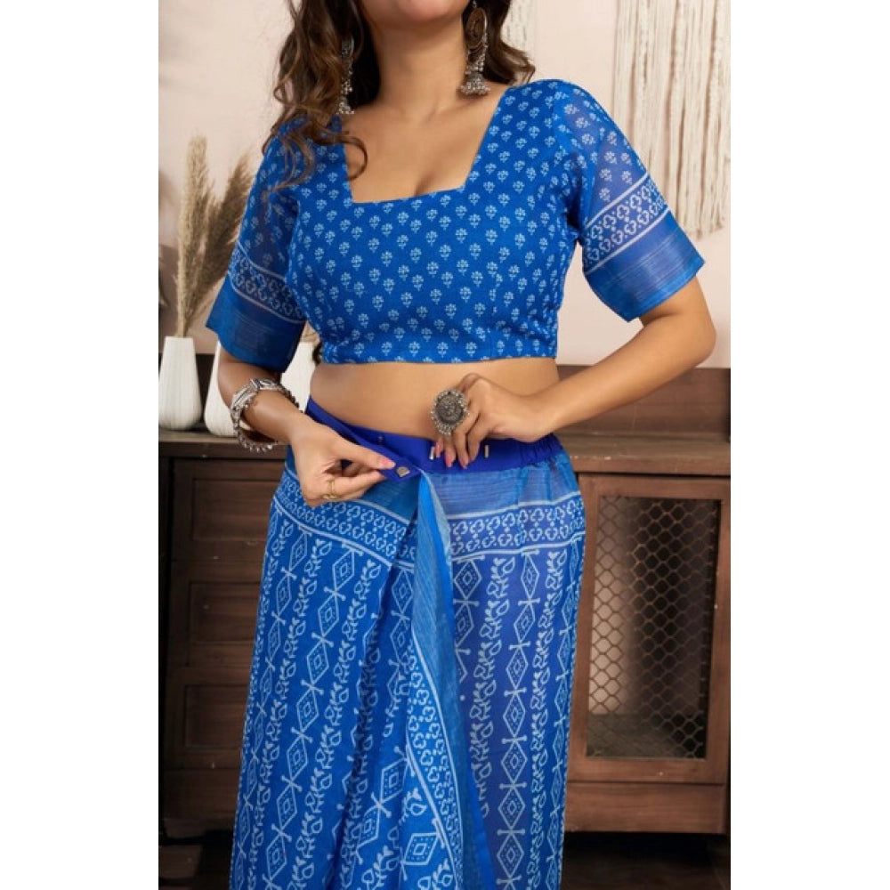 Seduva Women's Faux Linen Geometric Print Ready to wear Saree With Unstitched Blouse 5.5Mtr (Blue)