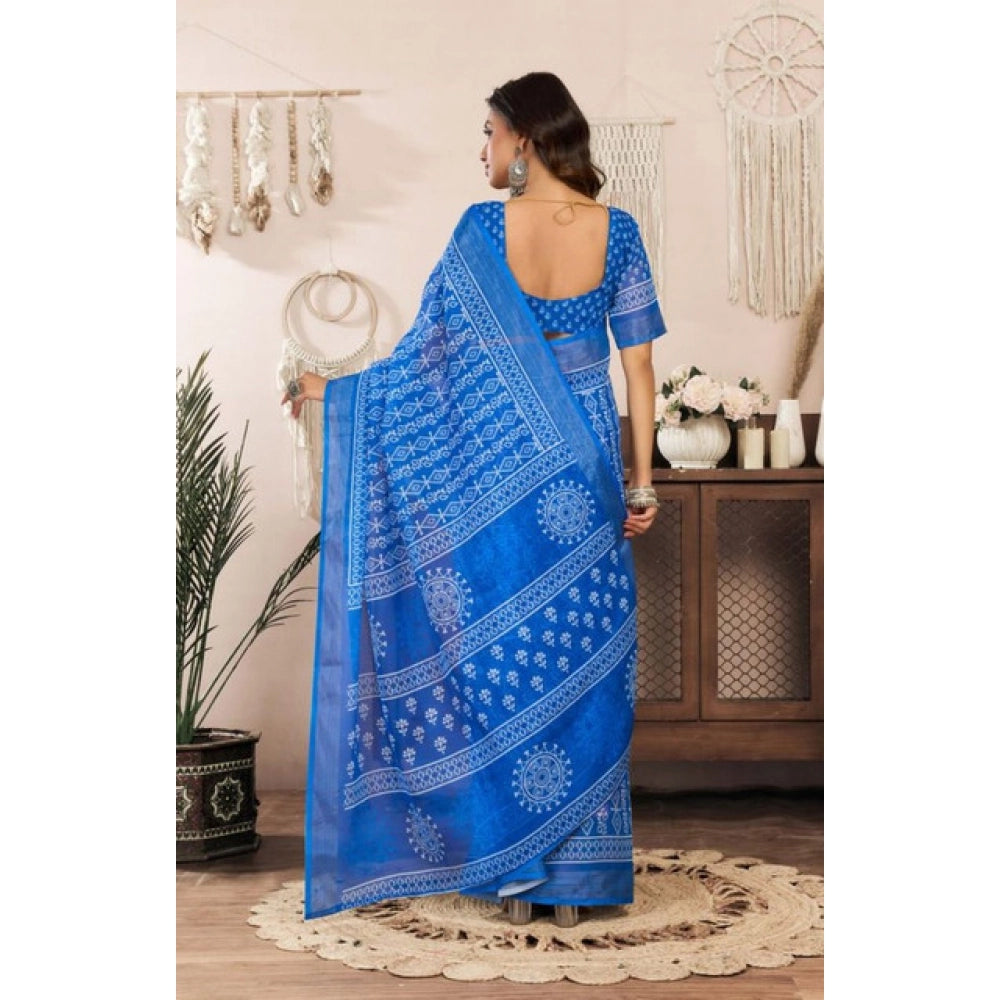 Seduva Women's Faux Linen Geometric Print Ready to wear Saree With Unstitched Blouse 5.5Mtr (Blue)