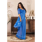 Seduva Women's Faux Linen Geometric Print Ready to wear Saree With Unstitched Blouse 5.5Mtr (Blue)