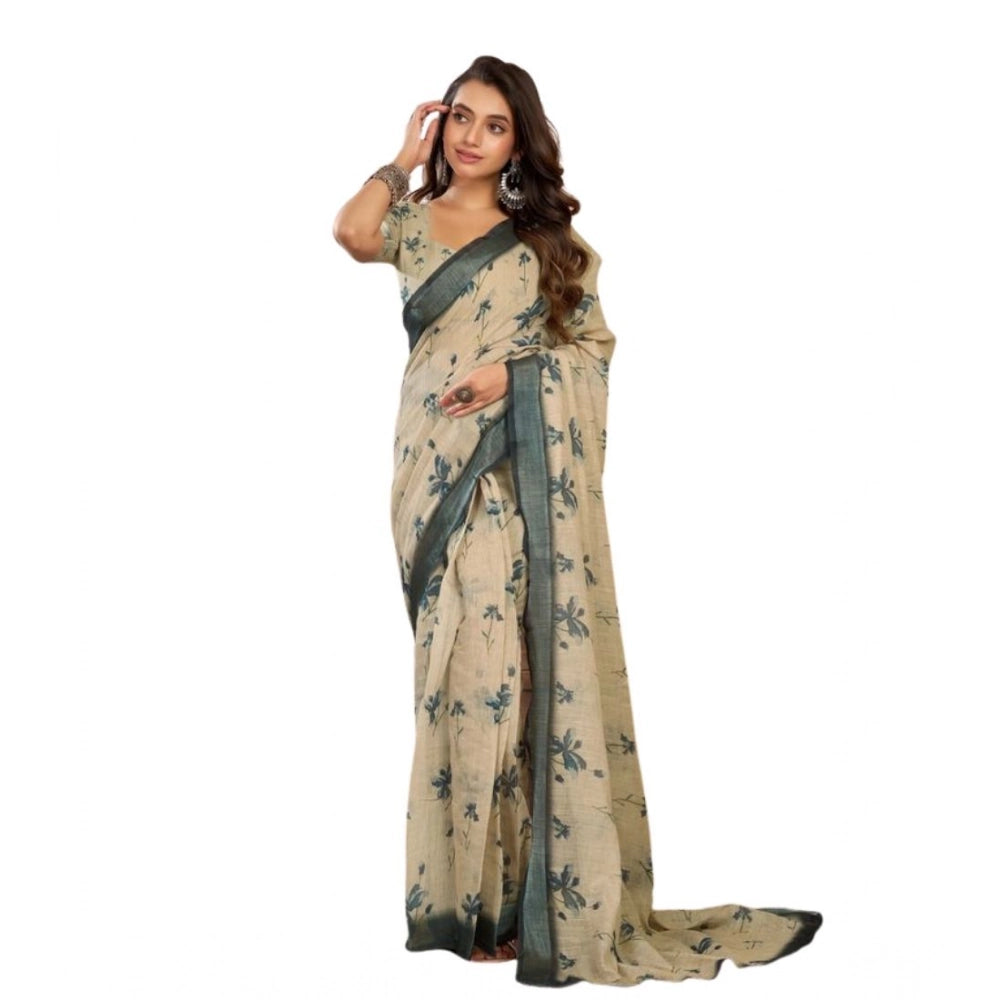 Seduva Women's Faux Linen Floral Print Ready to wear Saree With Unstitched Blouse 5.5Mtr (LightBeige)