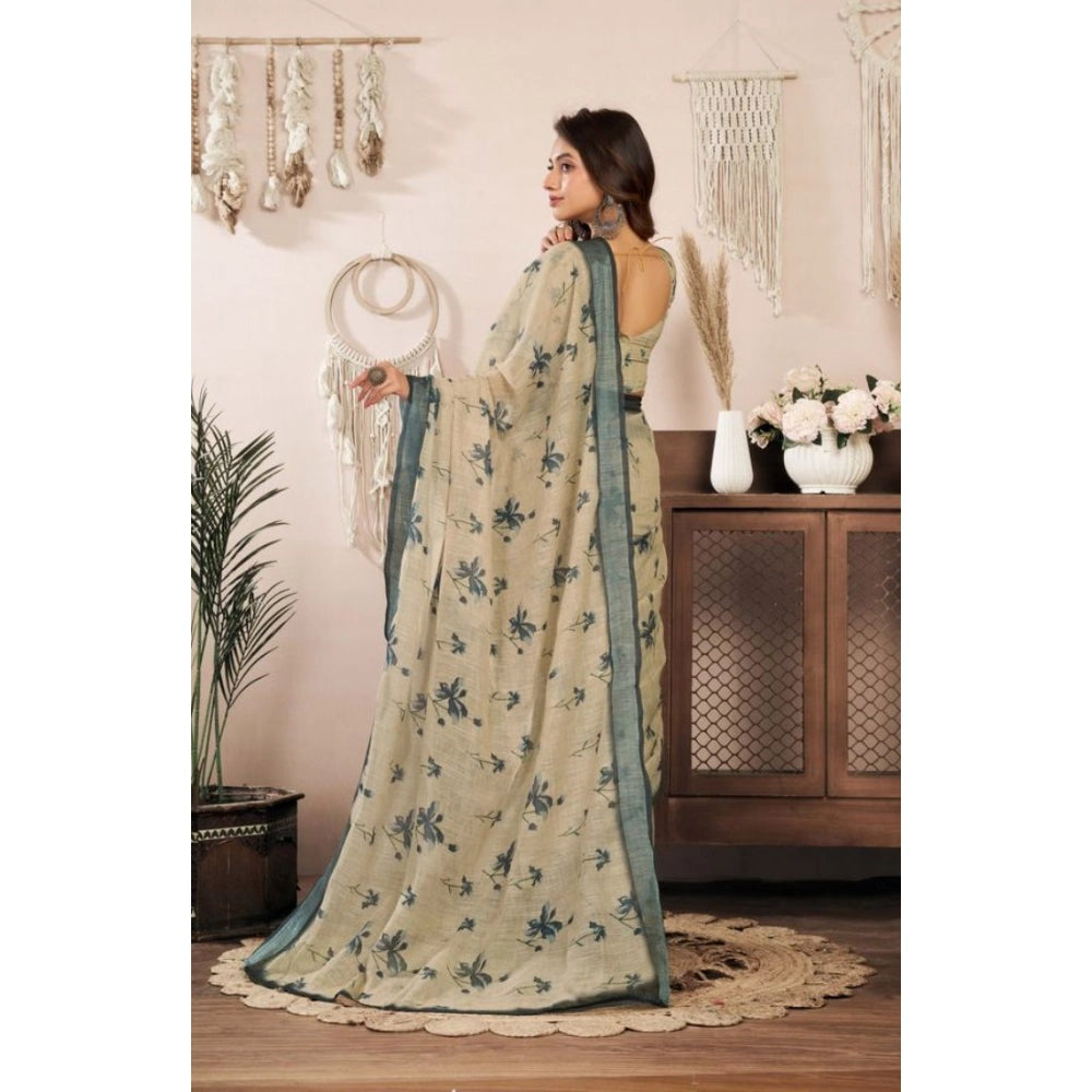 Seduva Women's Faux Linen Floral Print Ready to wear Saree With Unstitched Blouse 5.5Mtr (LightBeige)