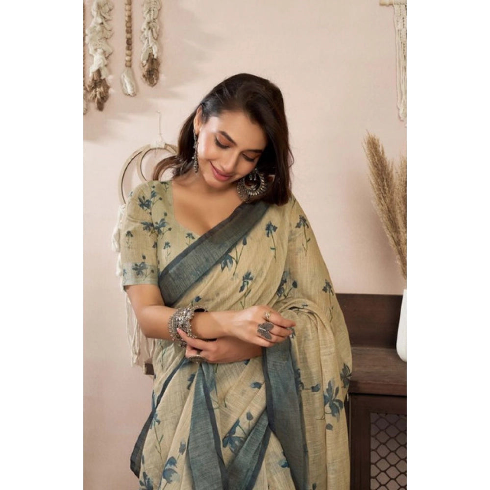 Seduva Women's Faux Linen Floral Print Ready to wear Saree With Unstitched Blouse 5.5Mtr (LightBeige)