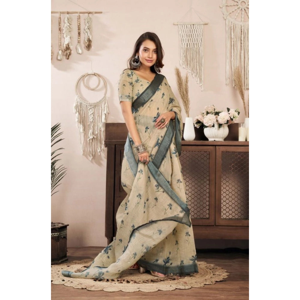 Seduva Women's Faux Linen Floral Print Ready to wear Saree With Unstitched Blouse 5.5Mtr (LightBeige)