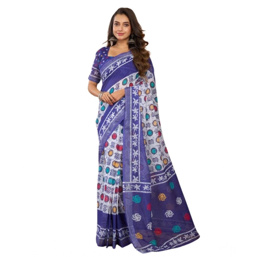 Seduva Women's Faux Linen Geometric Print Ready to wear Saree With Unstitched Blouse 5.5Mtr (Blue)