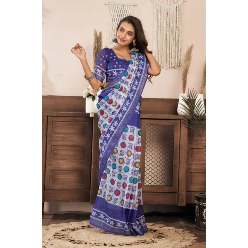 Seduva Women's Faux Linen Geometric Print Ready to wear Saree With Unstitched Blouse 5.5Mtr (Blue)