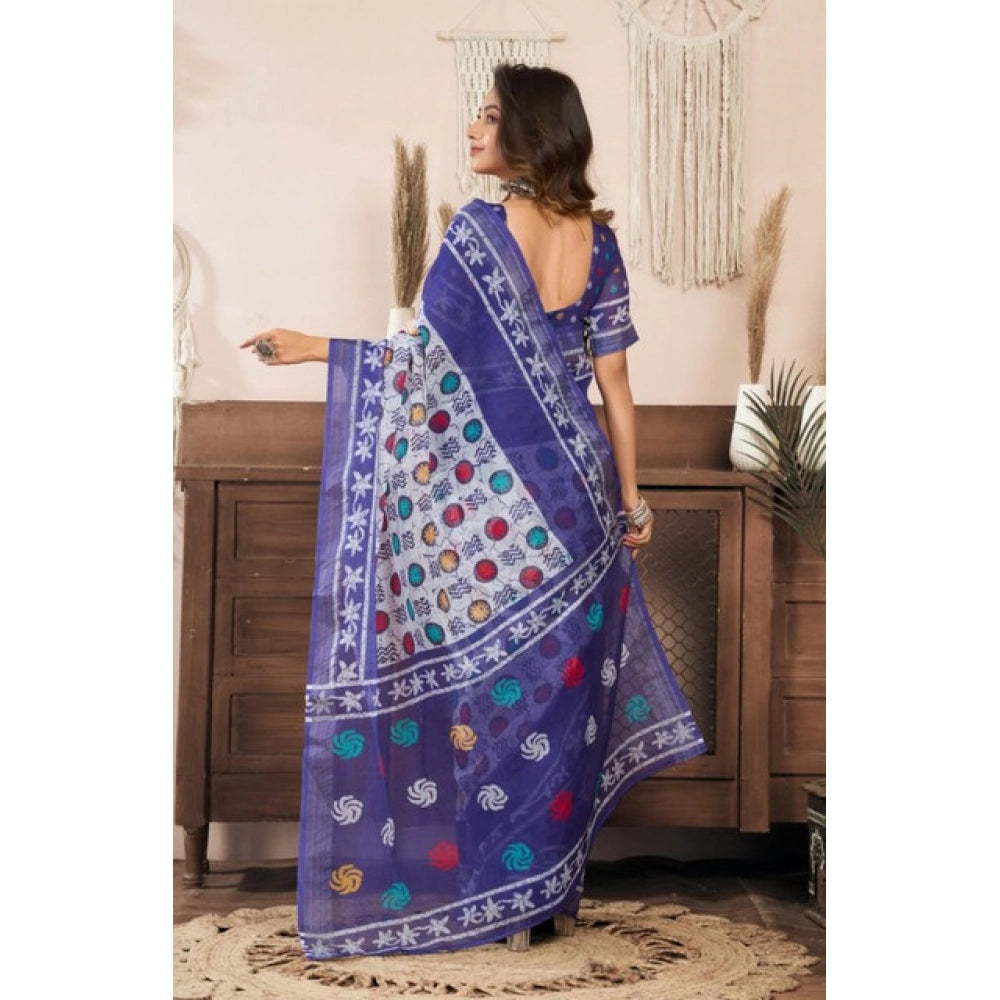 Seduva Women's Faux Linen Geometric Print Ready to wear Saree With Unstitched Blouse 5.5Mtr (Blue)