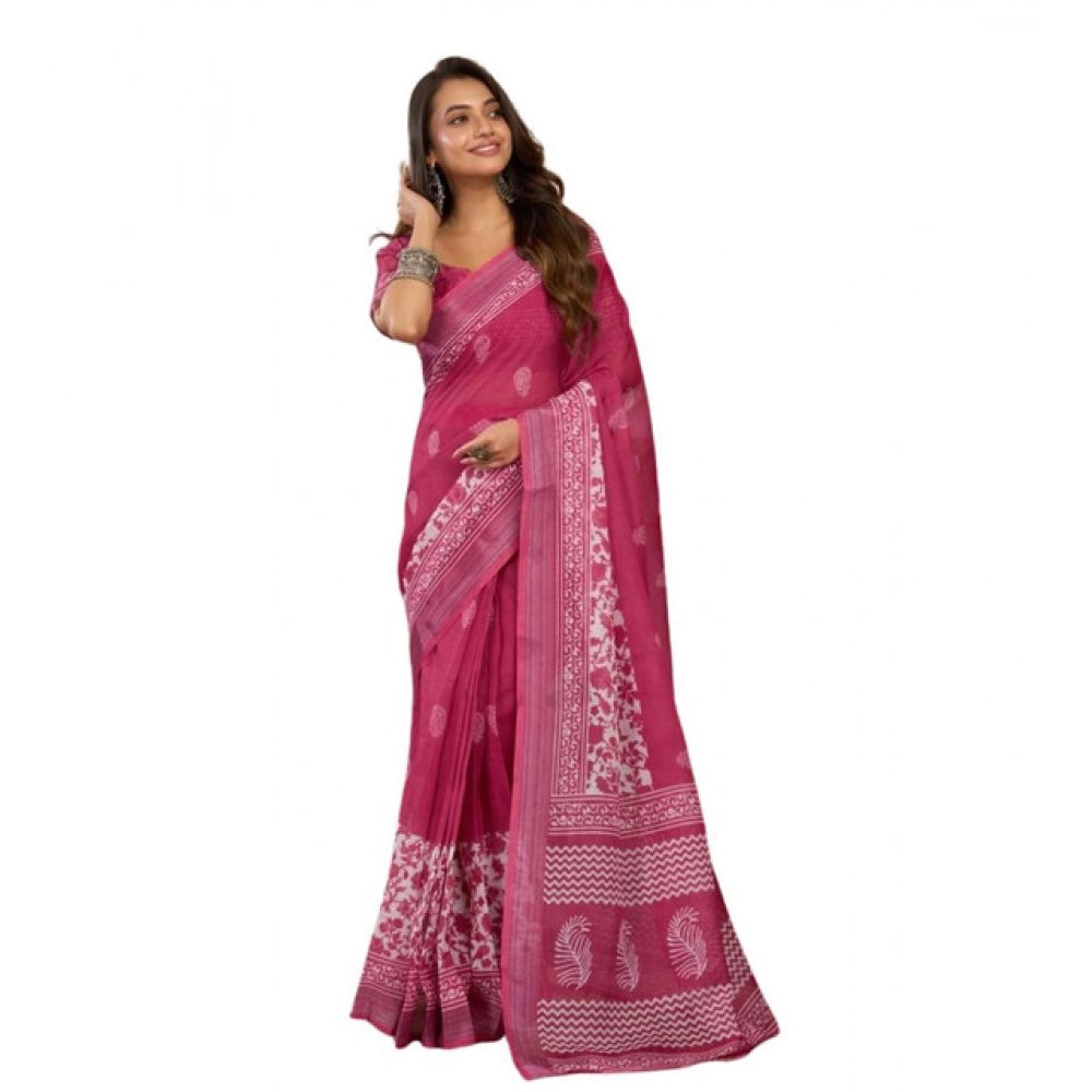 Seduva Women's Faux Linen Floral Print Ready to wear Saree With Unstitched Blouse 5.5Mtr (Pink)