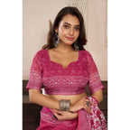 Seduva Women's Faux Linen Floral Print Ready to wear Saree With Unstitched Blouse 5.5Mtr (Pink)
