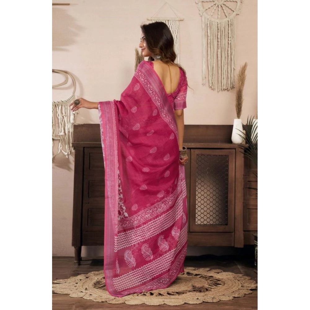 Seduva Women's Faux Linen Floral Print Ready to wear Saree With Unstitched Blouse 5.5Mtr (Pink)