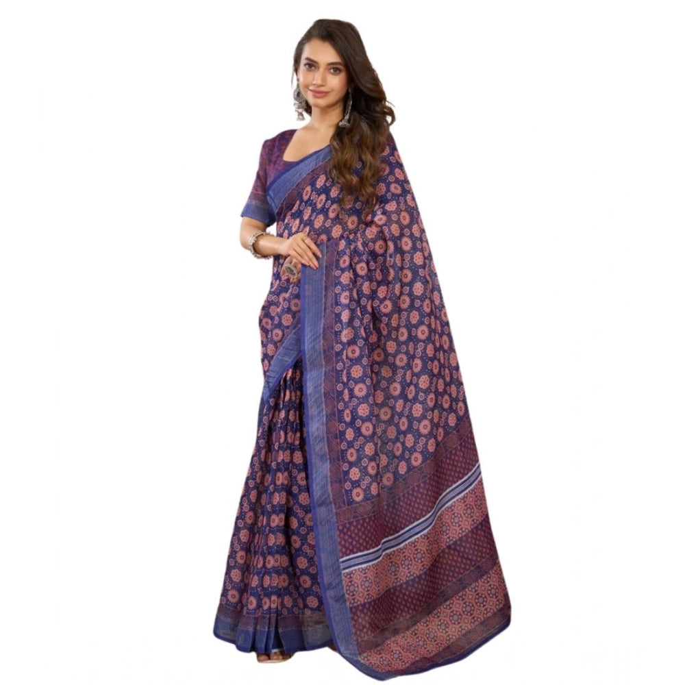 Seduva Women's Faux Linen Floral Print Ready to wear Saree With Unstitched Blouse 5.5Mtr (Dark_NavyBlue)