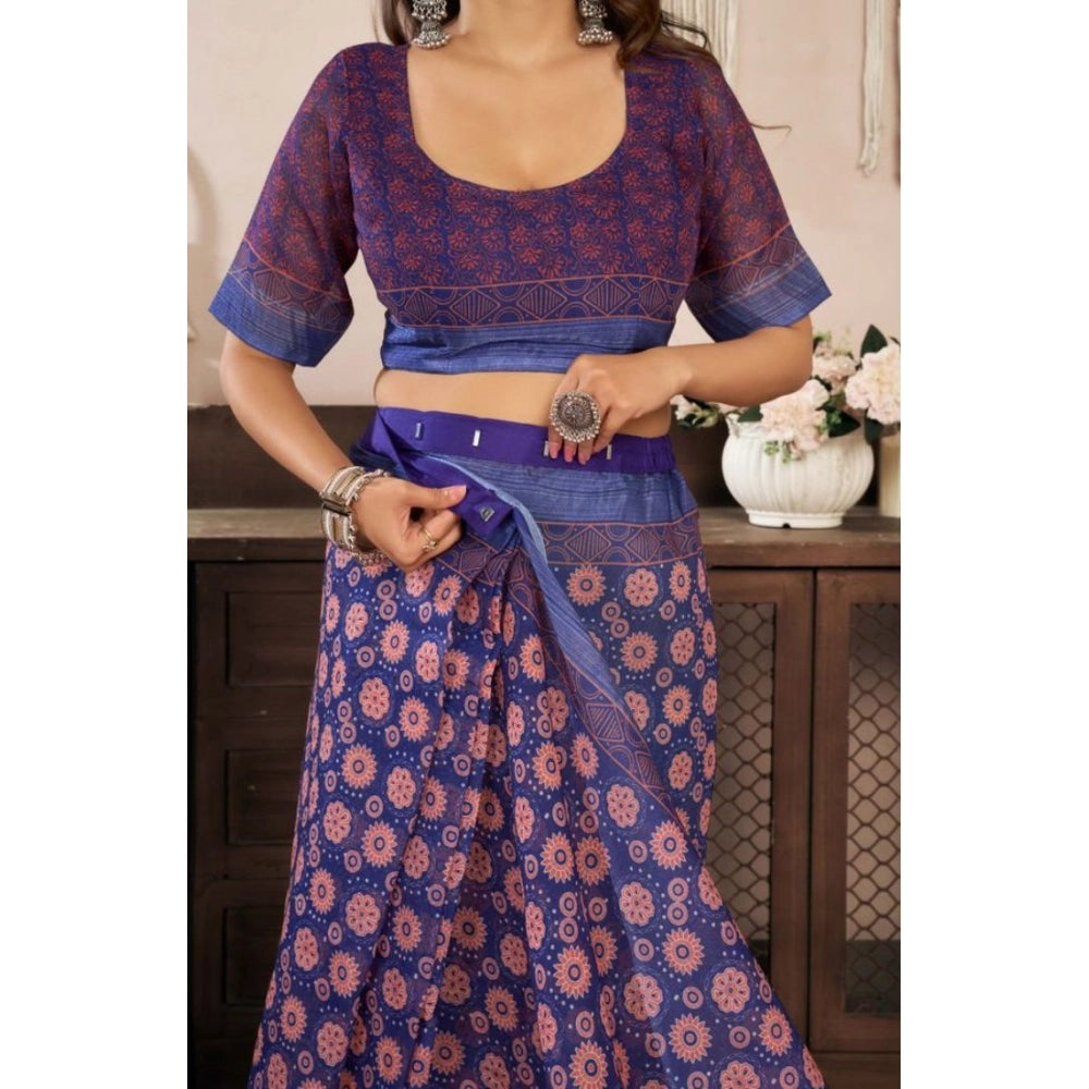 Seduva Women's Faux Linen Floral Print Ready to wear Saree With Unstitched Blouse 5.5Mtr (Dark_NavyBlue)