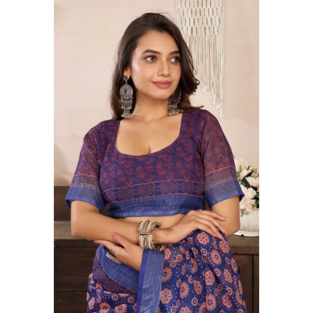Seduva Women's Faux Linen Floral Print Ready to wear Saree With Unstitched Blouse 5.5Mtr (Dark_NavyBlue)