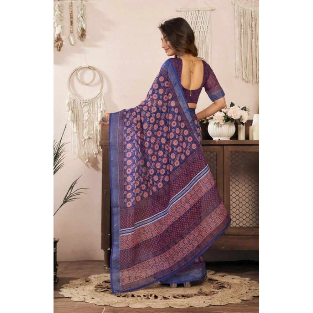 Seduva Women's Faux Linen Floral Print Ready to wear Saree With Unstitched Blouse 5.5Mtr (Dark_NavyBlue)