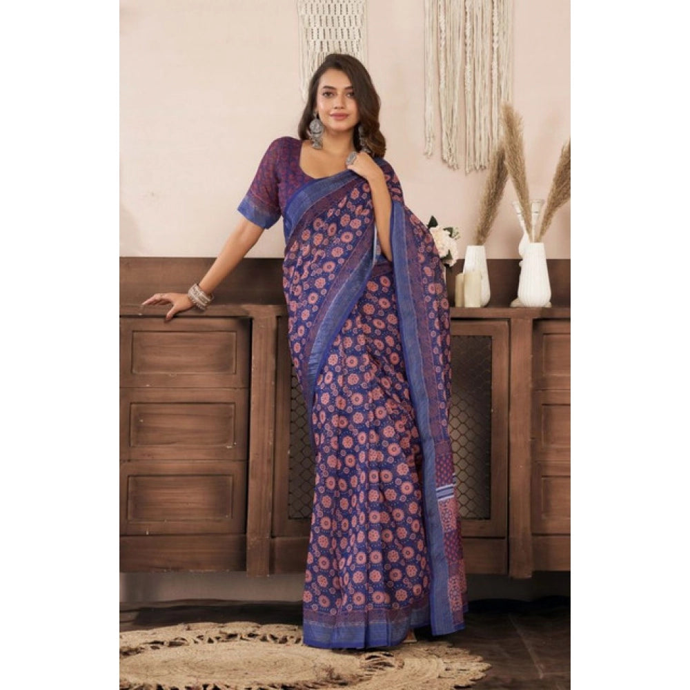 Seduva Women's Faux Linen Floral Print Ready to wear Saree With Unstitched Blouse 5.5Mtr (Dark_NavyBlue)