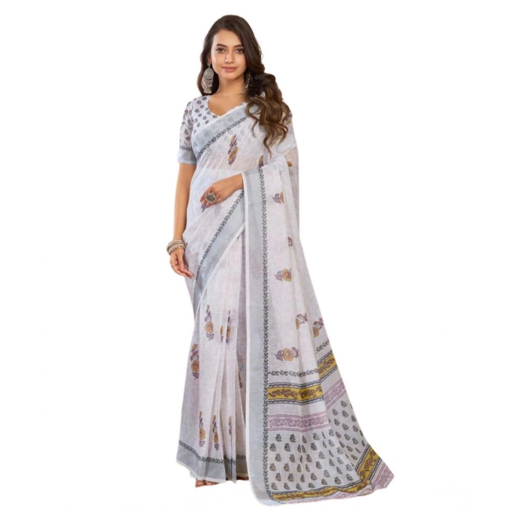 Seduva Women's Faux Linen Floral Print Ready to wear Saree With Unstitched Blouse 5.5Mtr (Off_White)