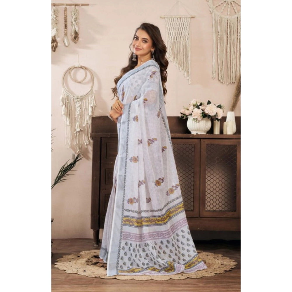 Seduva Women's Faux Linen Floral Print Ready to wear Saree With Unstitched Blouse 5.5Mtr (Off_White)