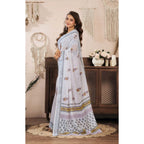 Seduva Women's Faux Linen Floral Print Ready to wear Saree With Unstitched Blouse 5.5Mtr (Off_White)