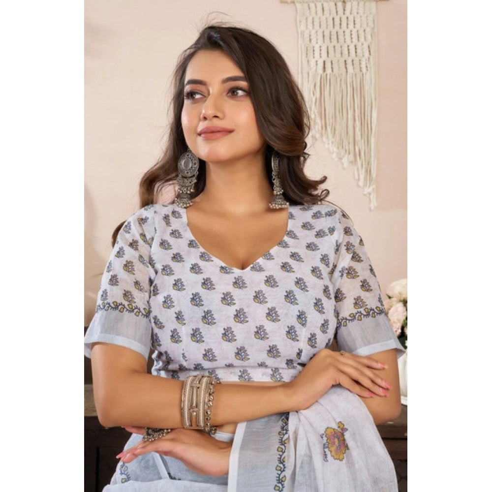 Seduva Women's Faux Linen Floral Print Ready to wear Saree With Unstitched Blouse 5.5Mtr (Off_White)