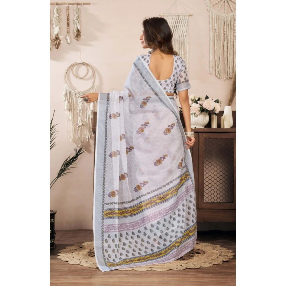 Seduva Women's Faux Linen Floral Print Ready to wear Saree With Unstitched Blouse 5.5Mtr (Off_White)