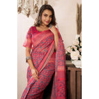 Seduva Women's Faux Linen Geometric Print Ready to wear Saree With Unstitched Blouse 5.5Mtr (Red)