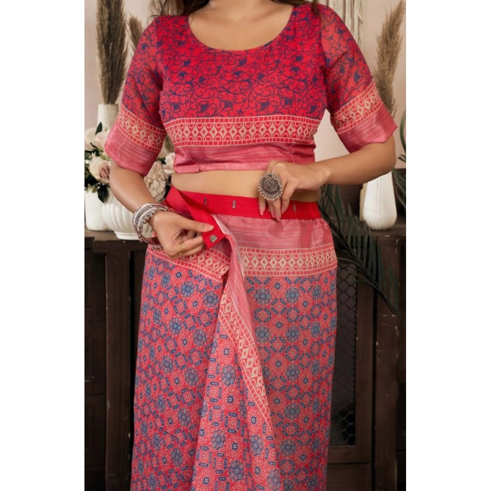Seduva Women's Faux Linen Geometric Print Ready to wear Saree With Unstitched Blouse 5.5Mtr (Red)